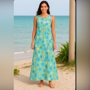 Vintage Talbots Blue Floral Boho Linen Long Maxi Sleeveless Dress Women's Size 6